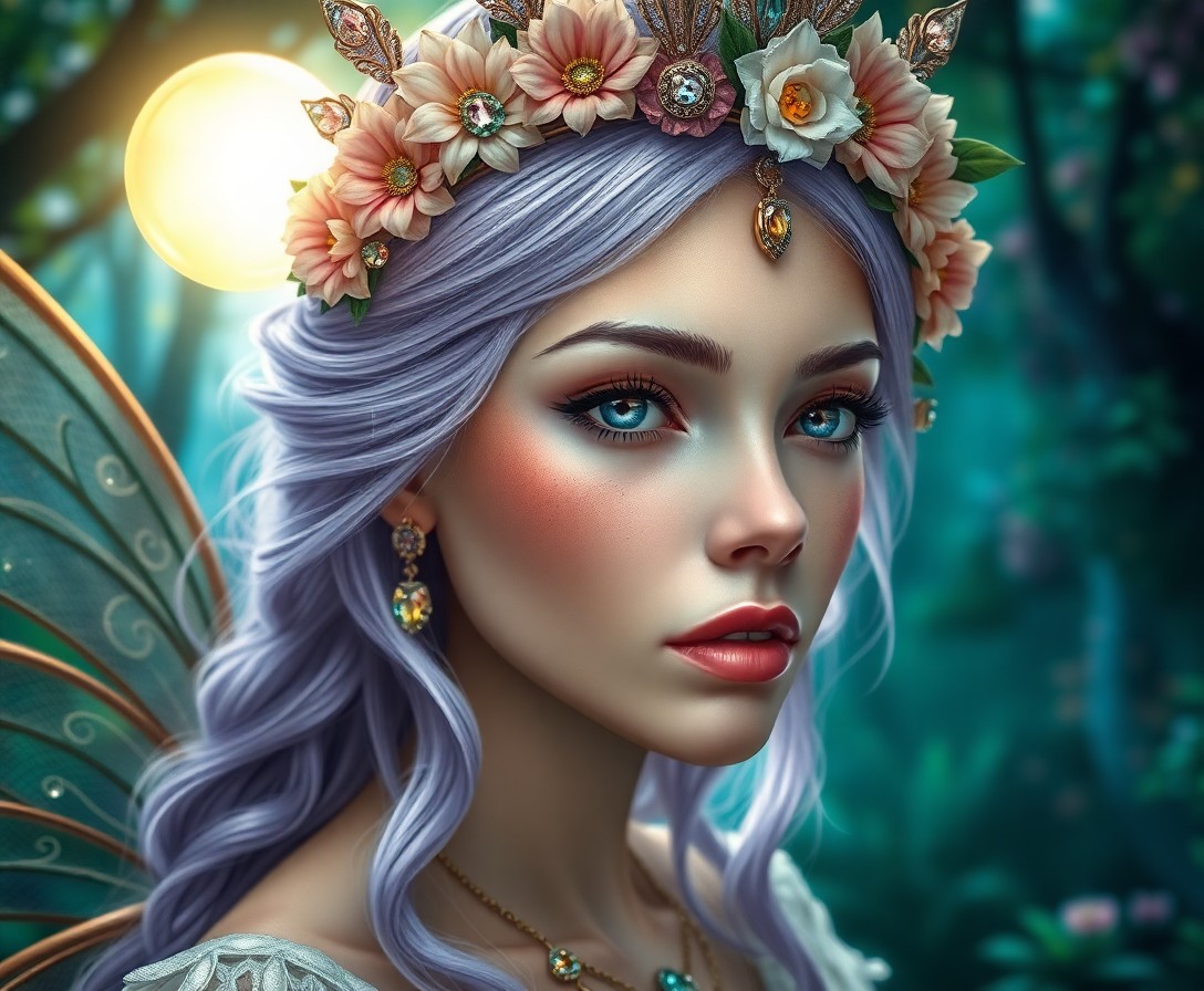 AI generated art for prompt: Super-realistic fantasy portrait of a majestic fairy queen with ethereal lavender hair adorned in sh