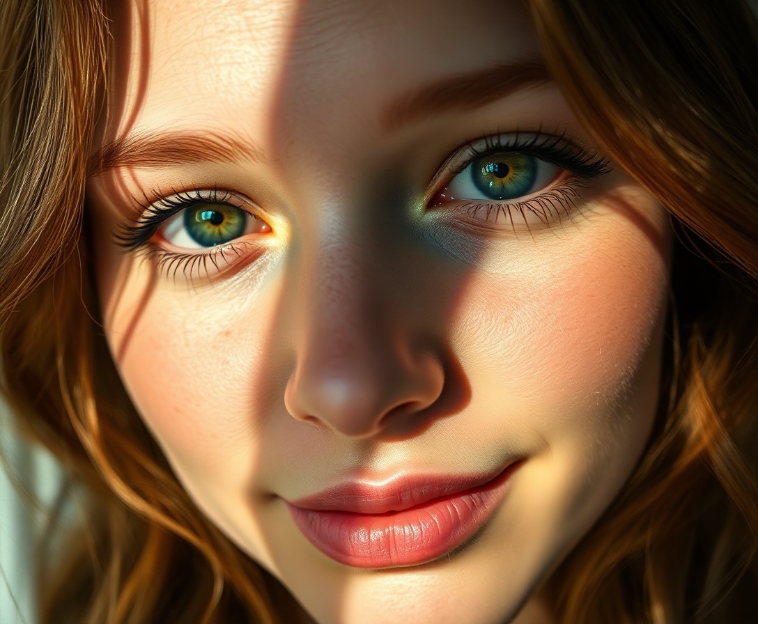 AI generated art for prompt: An intimate close-up portrait of a young Nordic woman with captivating emerald eyes accentuated by l