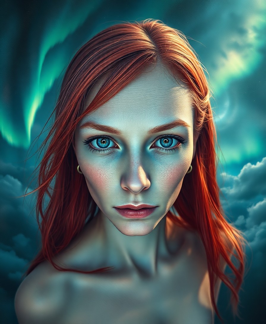 AI generated art for prompt: A super-realistic portrait captures an enigmatic figure with gentle blue eyes and striking red hair 