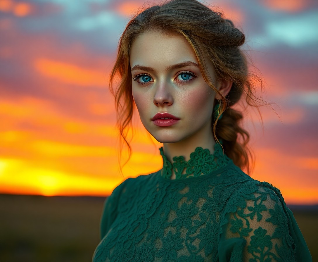 AI generated art for prompt: Craft a super-realistic portrait of a young Western European woman with shy blue eyes and delicate p