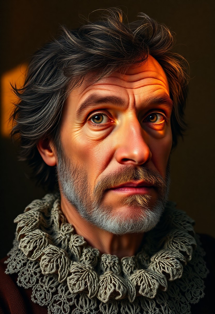 AI generated art for prompt: This photorealistic portrait, inspired by Rembrandt's self-portraits and rendered with high-resoluti