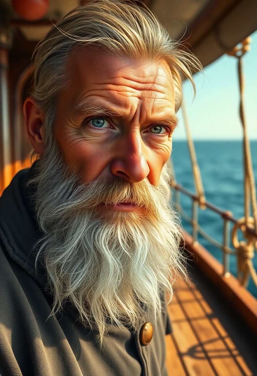 AI generated art for prompt: Craft an ultra-realistic portrait of a nostalgic sea captain. Deep creases mark his sun-kissed skin,