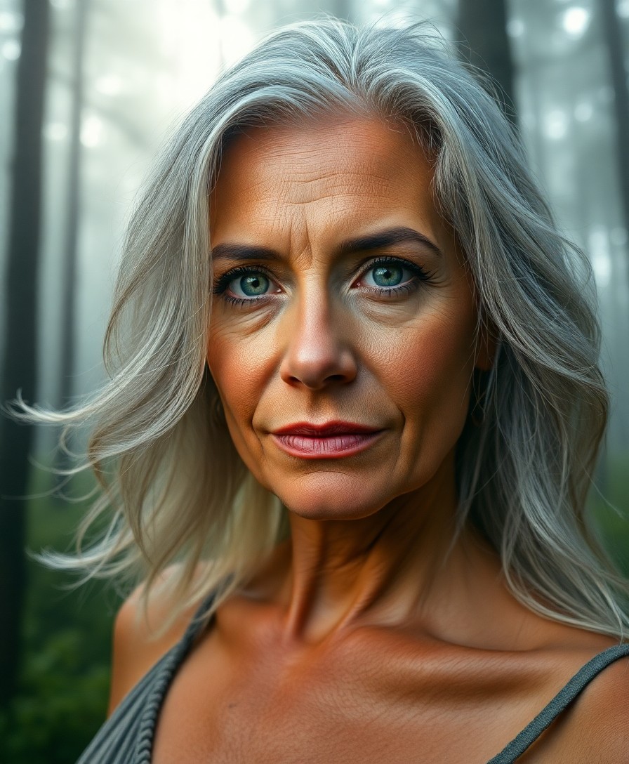 AI generated art for prompt: A middle-aged Hispanic woman with captivating emerald eyes and flowing silver hair stands amidst a s