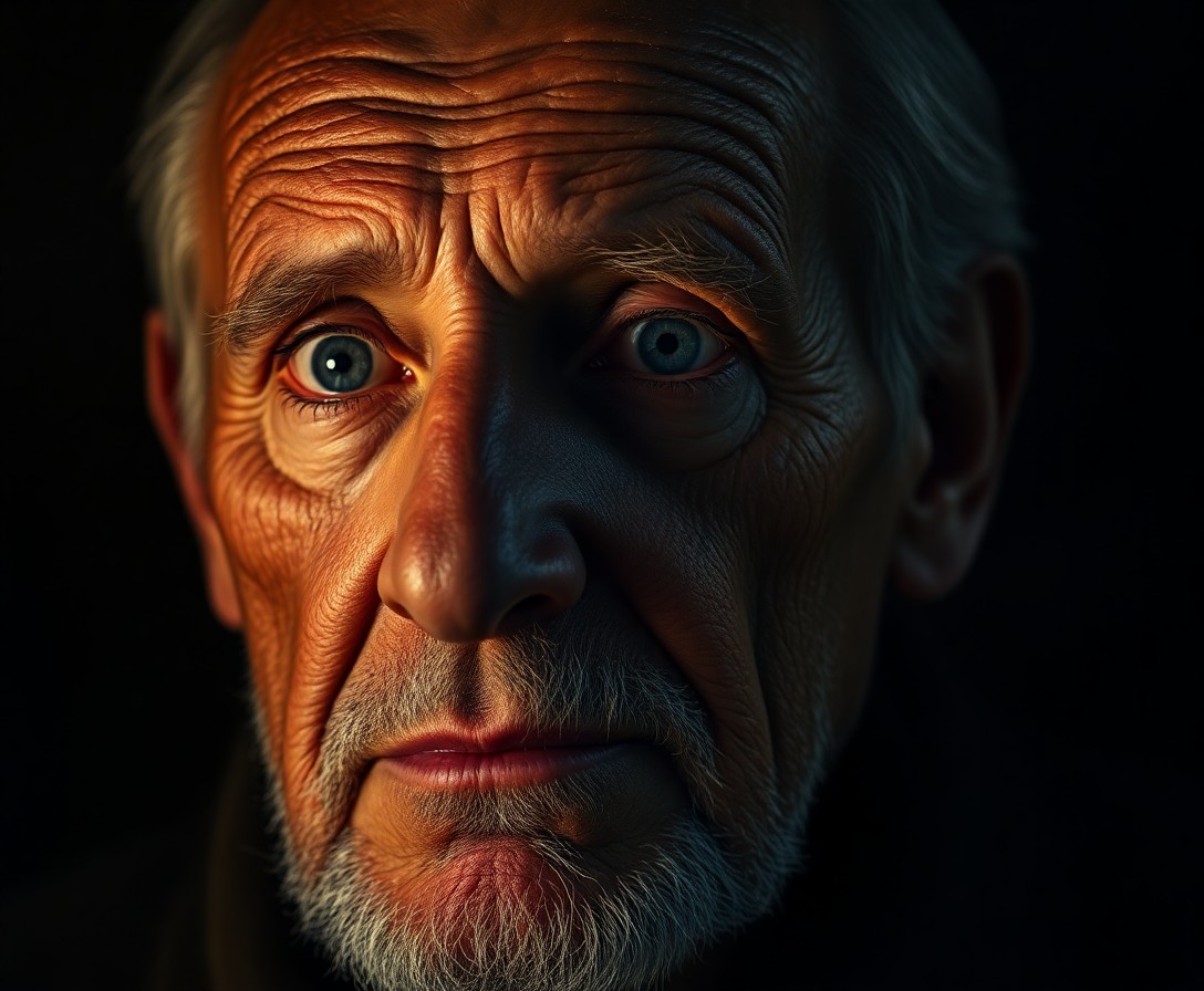 AI generated art for prompt: Create a photorealistic portrait of an elderly man from Eastern Europe, his face etched with deep wr