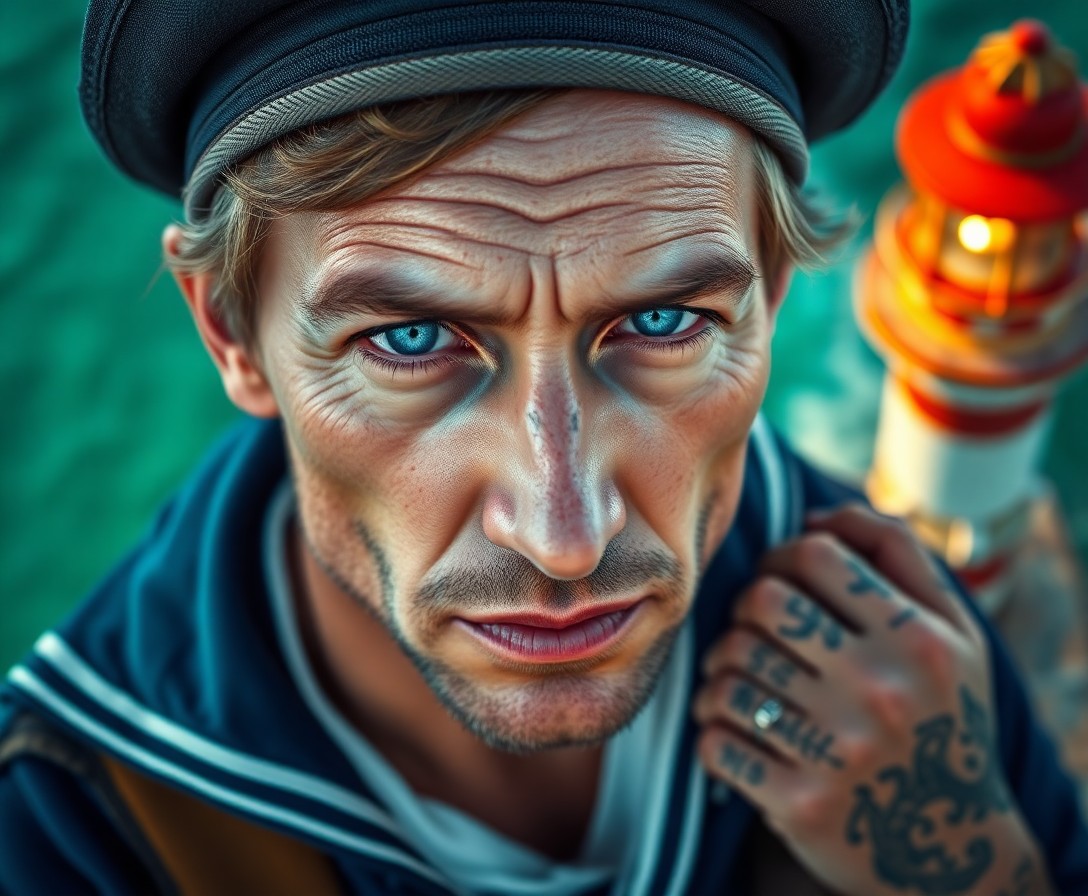 AI generated art for prompt: A highly realistic portrait of a vintage sailor with gentle blue eyes emerges against a vivid turquo