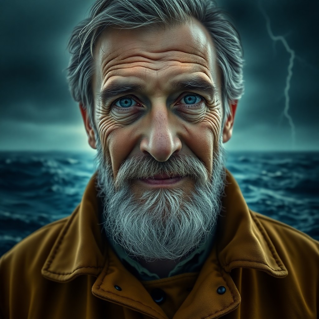 AI generated art for prompt: Create a portrait photograph of an aged, enthusiastic man with misty blue eyes and a graying beard. 