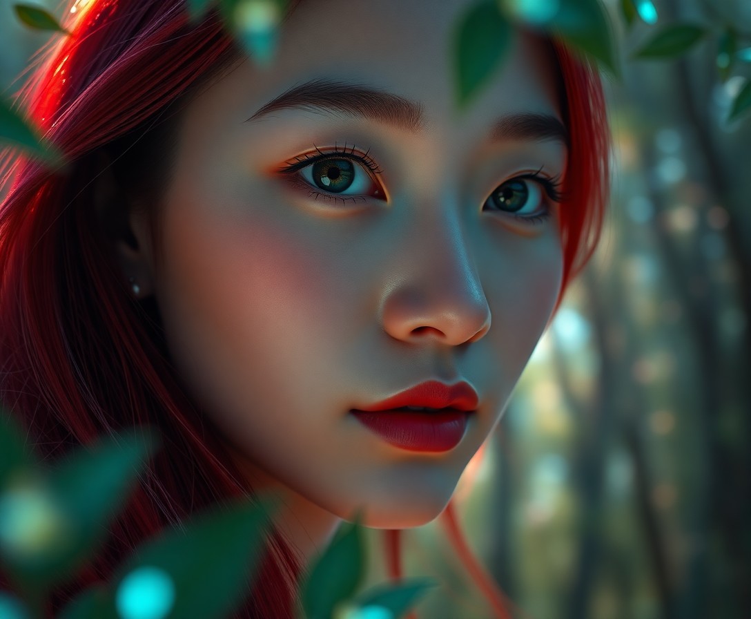 AI generated art for prompt: Create a hyperrealistic digital portrait of a young East Asian woman with porcelain skin, sharp chee