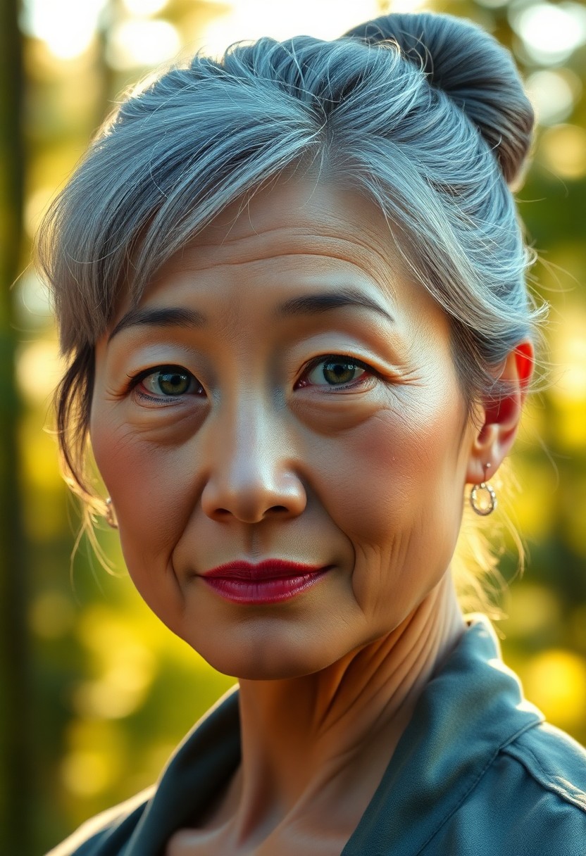 AI generated art for prompt: Envision a highly realistic close-up portrait of a middle-aged East Asian woman with shy, green eyes