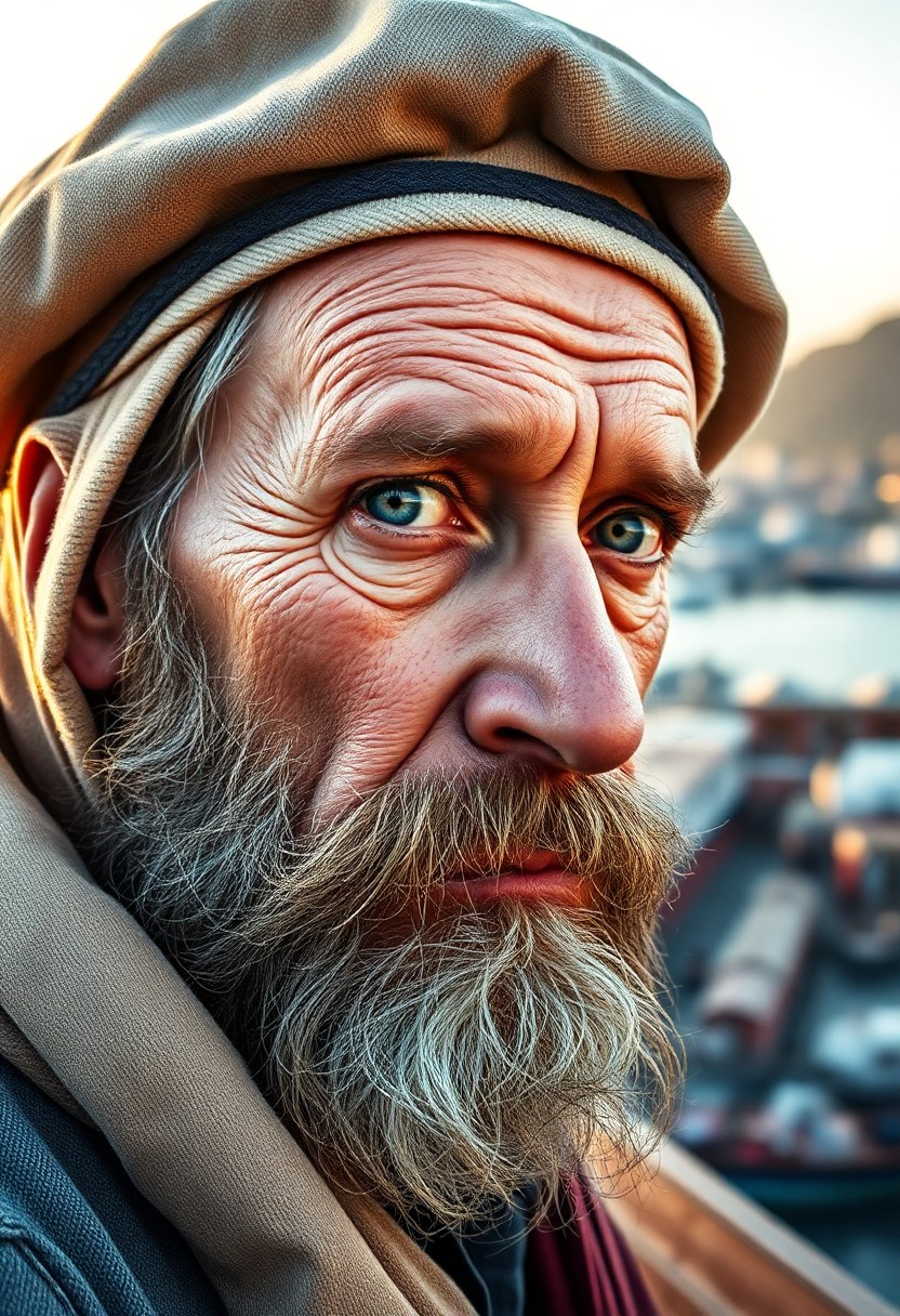 AI generated art for prompt: A highly detailed portrait photograph captures a long-standing sailor with a grizzled beard and inte