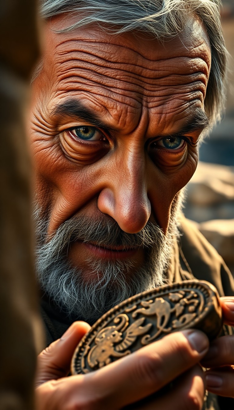 AI generated art for prompt: A hyperrealistic digital art portrait captures the intense gaze of a seasoned archaeologist as they 