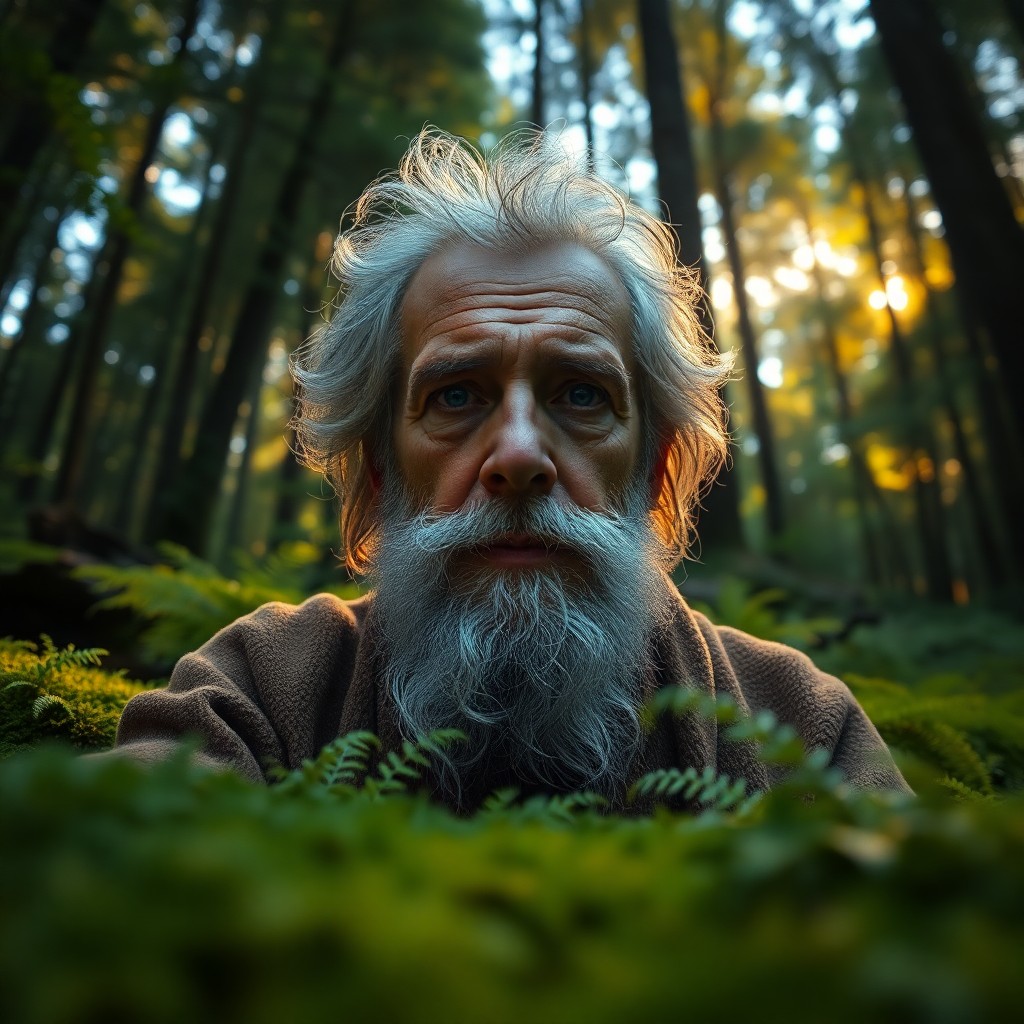 AI generated art for prompt: Imagine a hyperrealistic portrait of a wise old hermit in the serene midst of a dense forest clearin