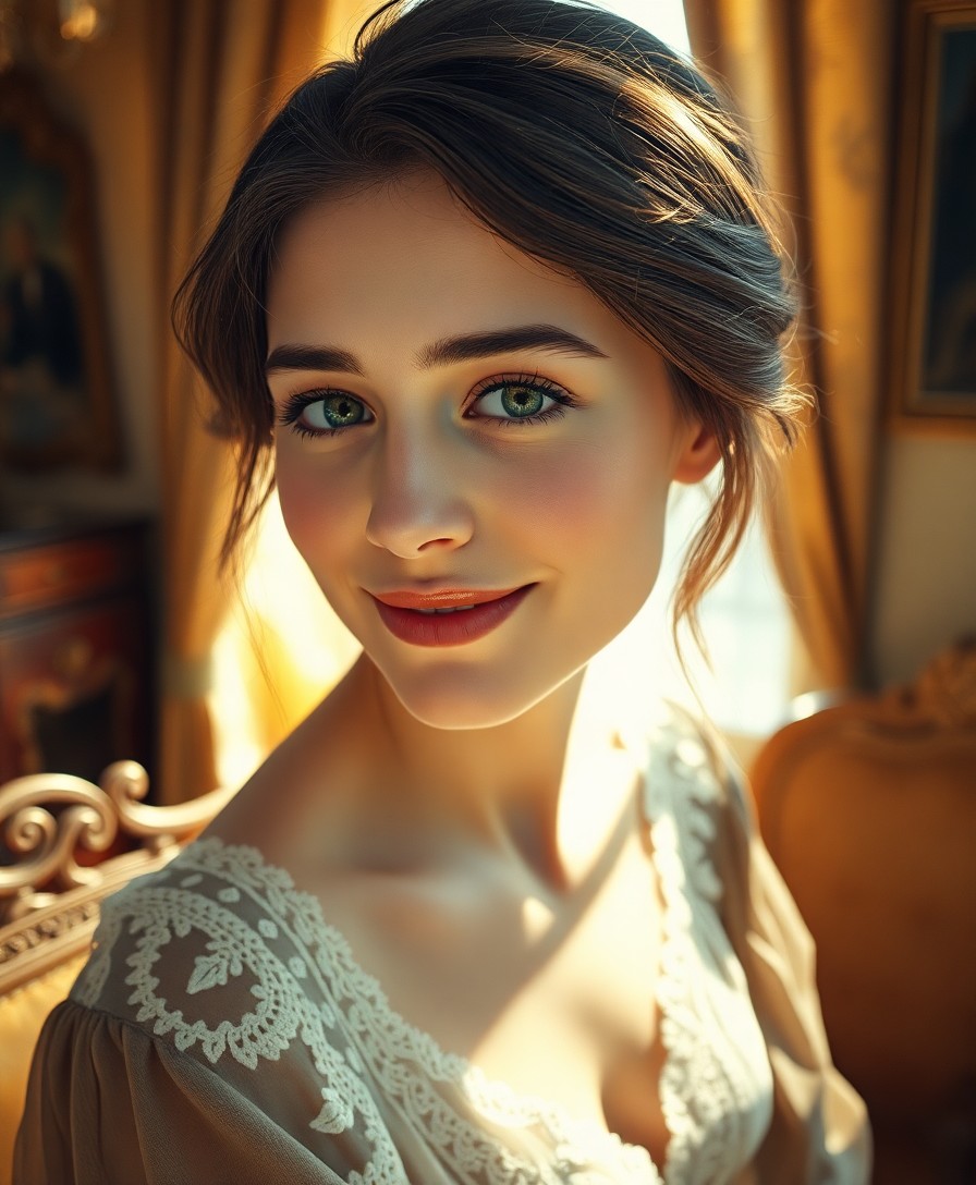 AI generated art for prompt: Visualize an ultra-realistic portrait of a young Eastern European woman with shy, green eyes and a d