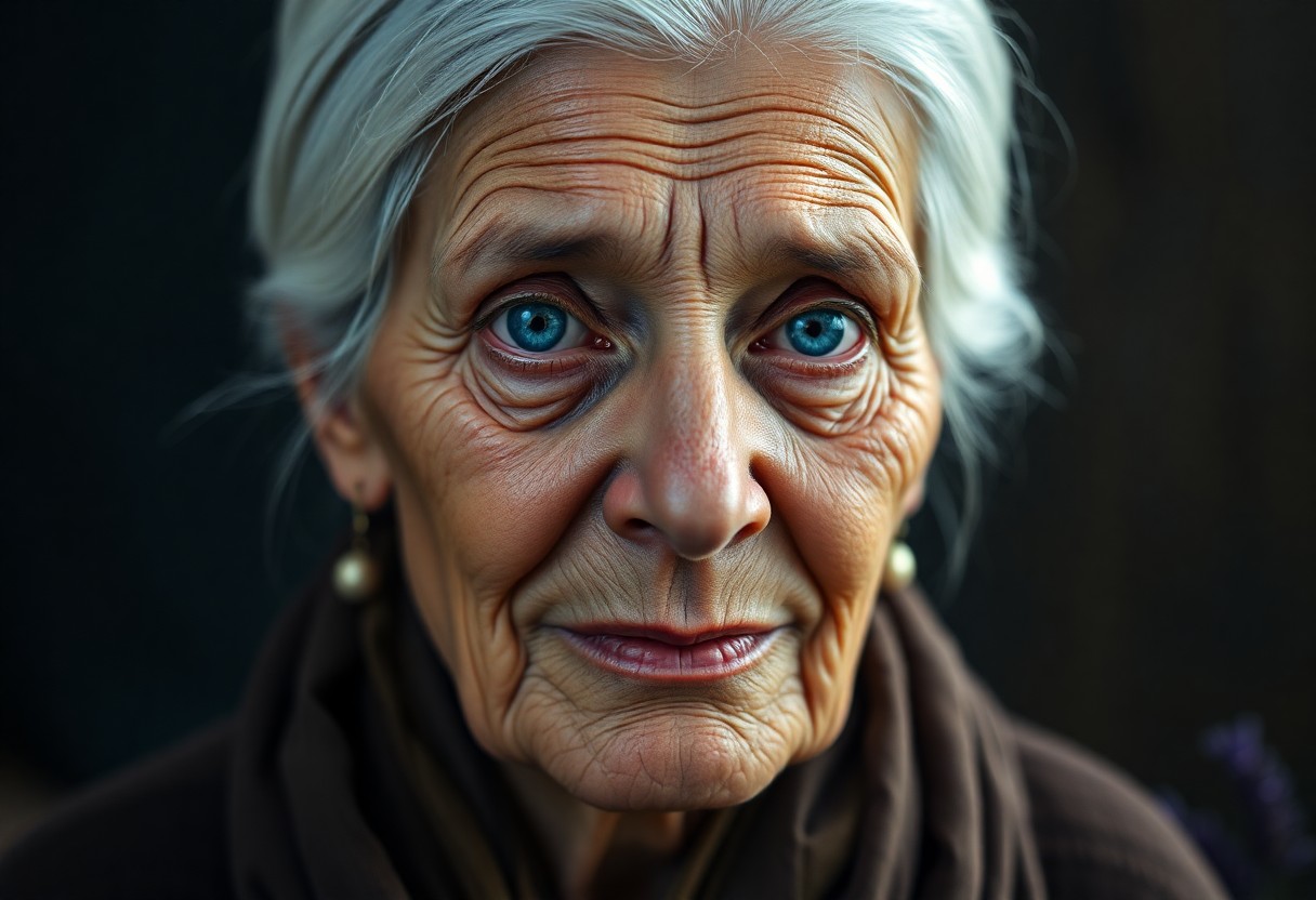 AI generated art for prompt: A striking hyper-realistic portrait of an elderly Middle Eastern woman emerges. Her face, weathered 