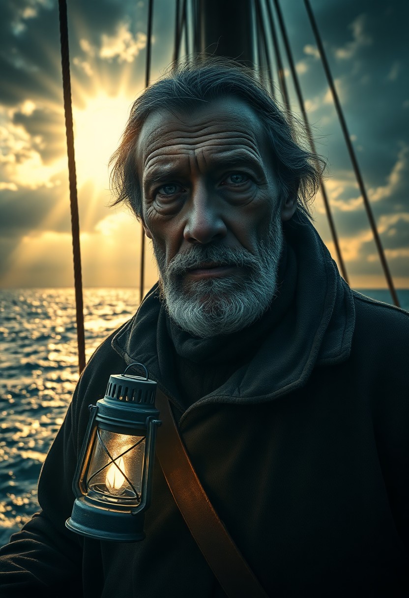 AI generated art for prompt: An enigmatic portrait of an aged mariner emerges from the ethereal interplay of chiaroscuro lighting