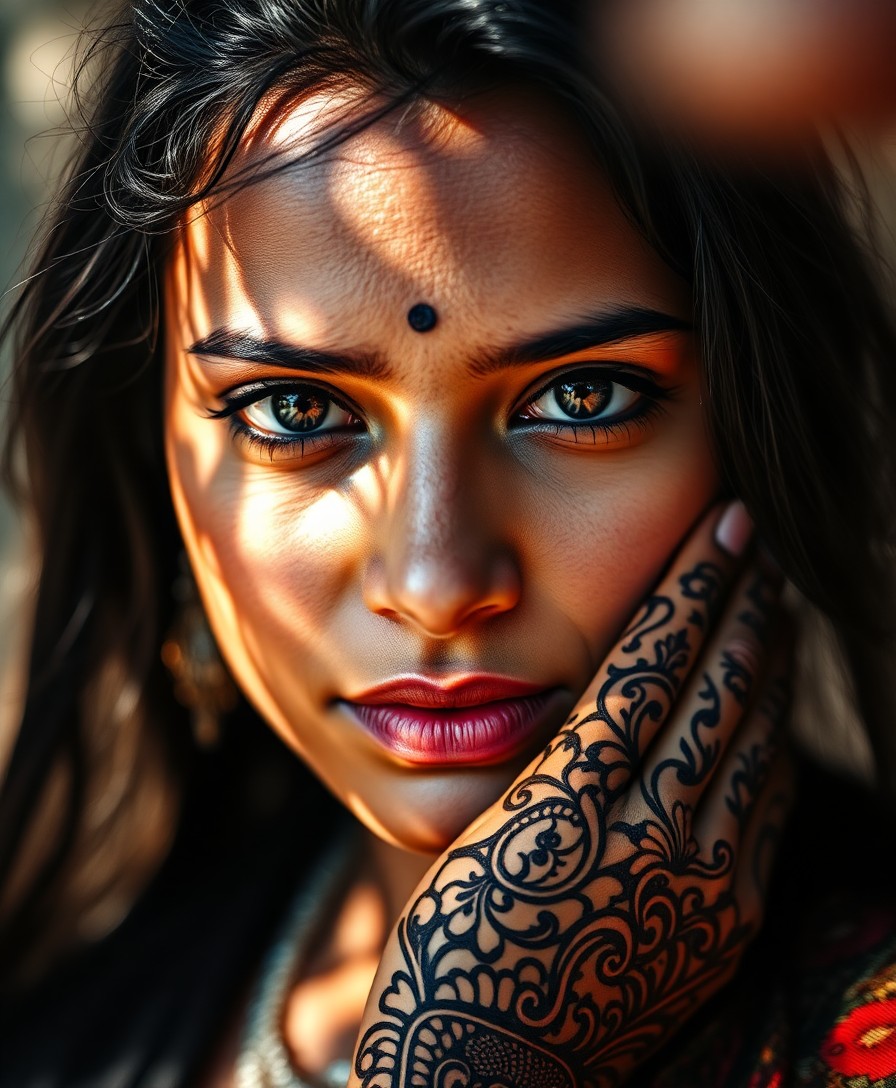 AI generated art for prompt: Create a captivating portrait of a South Asian woman with skin adorned by intricate henna art, remin