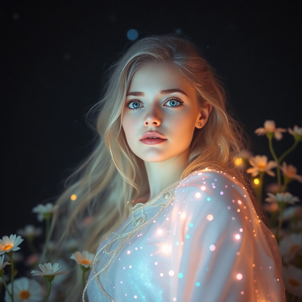 AI generated art for prompt: A mesmerizing portrait photo captures an ethereal female figure, clad in iridescent celestial garmen