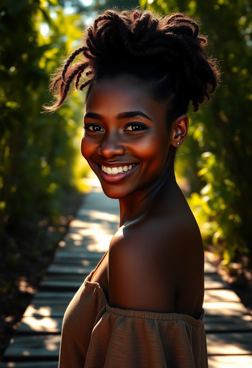 AI generated art for prompt: Create a highly detailed, super-realistic portrait of a young Aboriginal woman with a radiant smile,