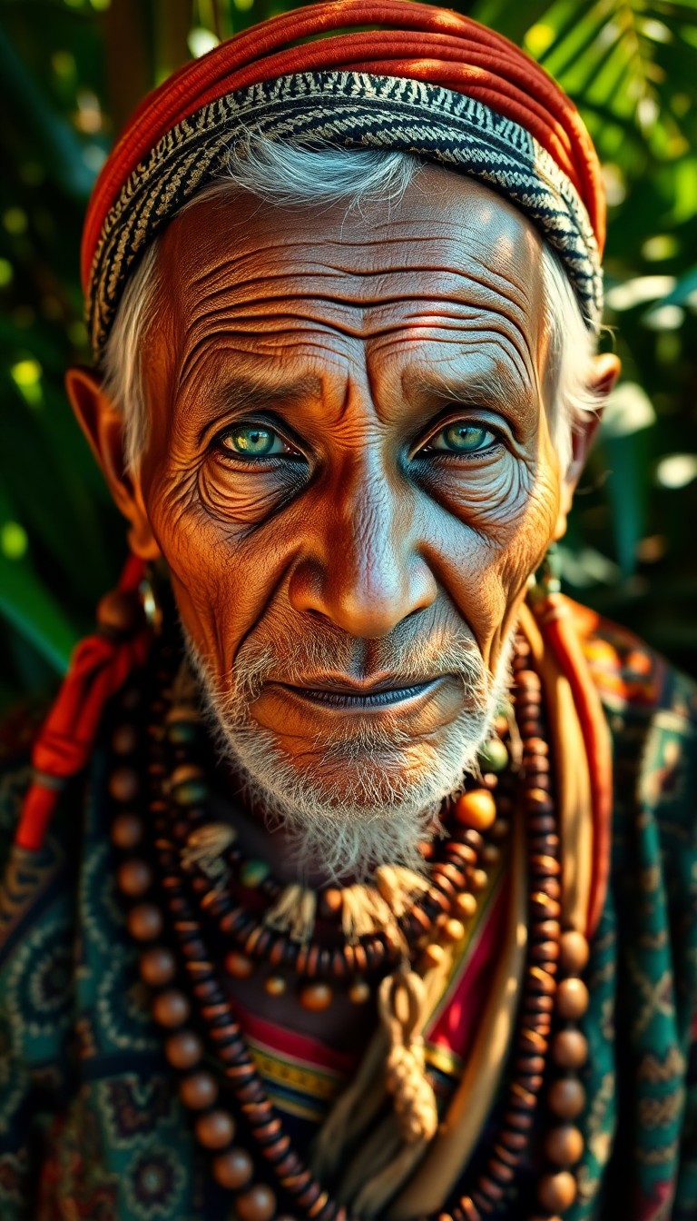 AI generated art for prompt: A super-realistic portrait captures a wise elder with misty green eyes. They don this traditional tr