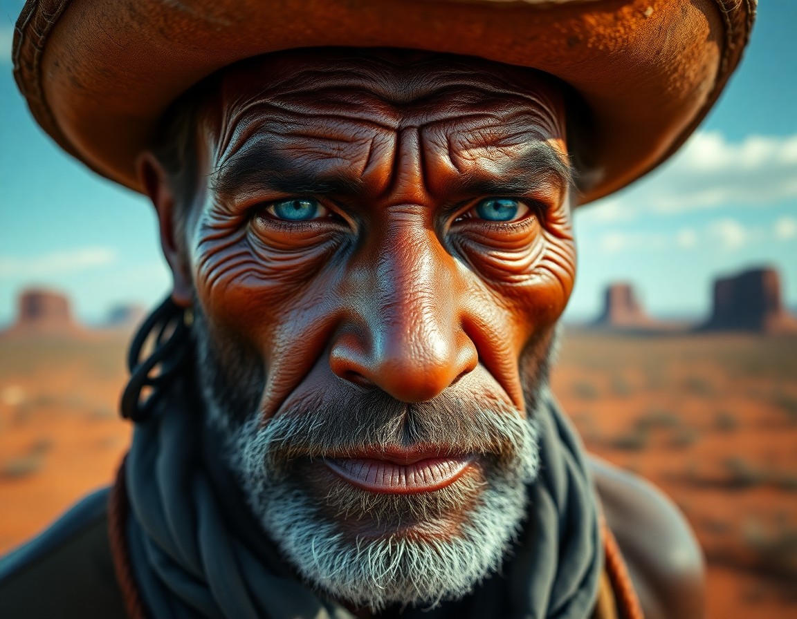 AI generated art for prompt: Create a photorealistic portrait of an Aboriginal man with rugged features and an enigmatic aura. Ca