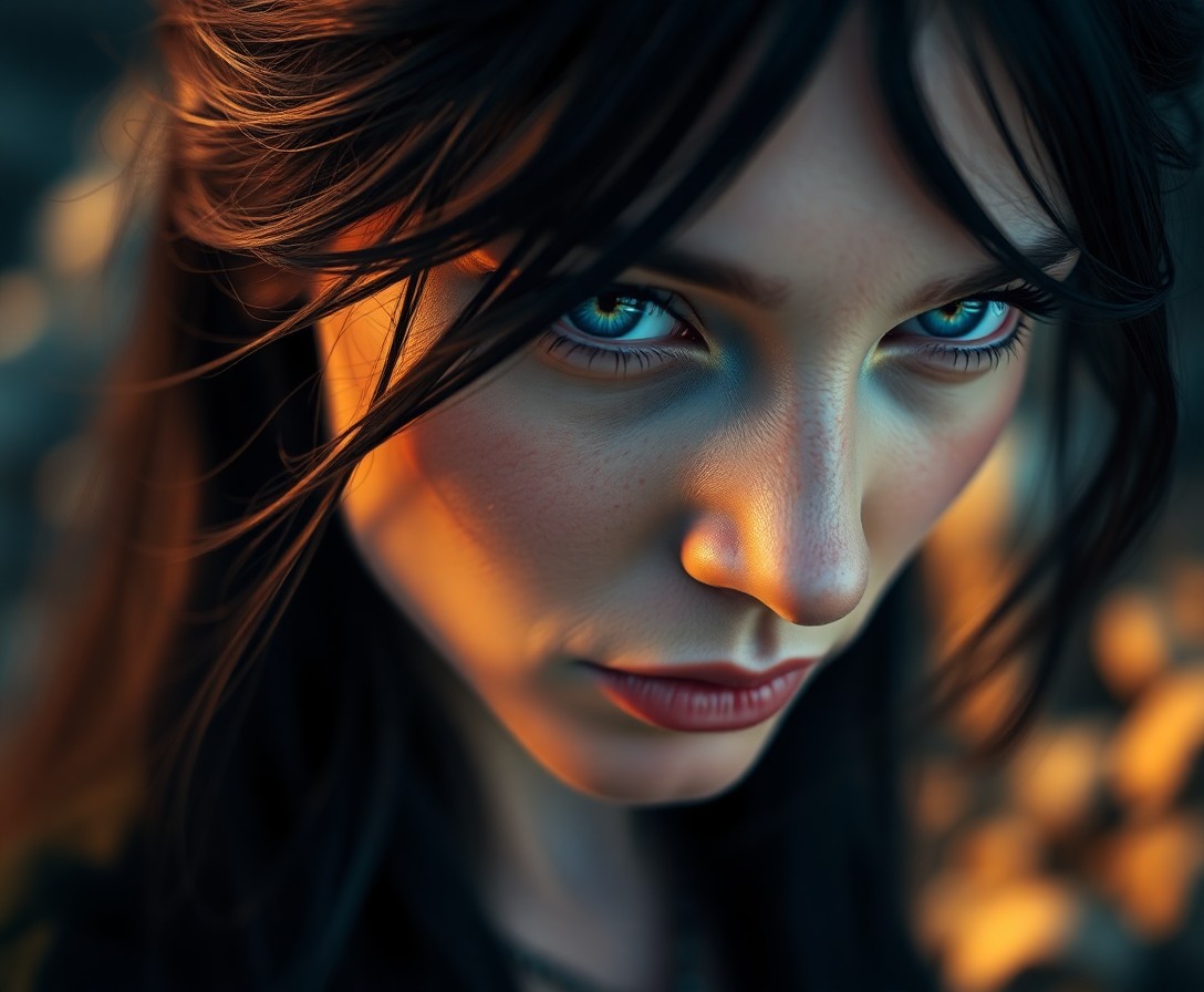 AI generated art for prompt: A portrait of an enigmatic Celtic woman with warm, blue eyes and raven hair, captured from an aerial