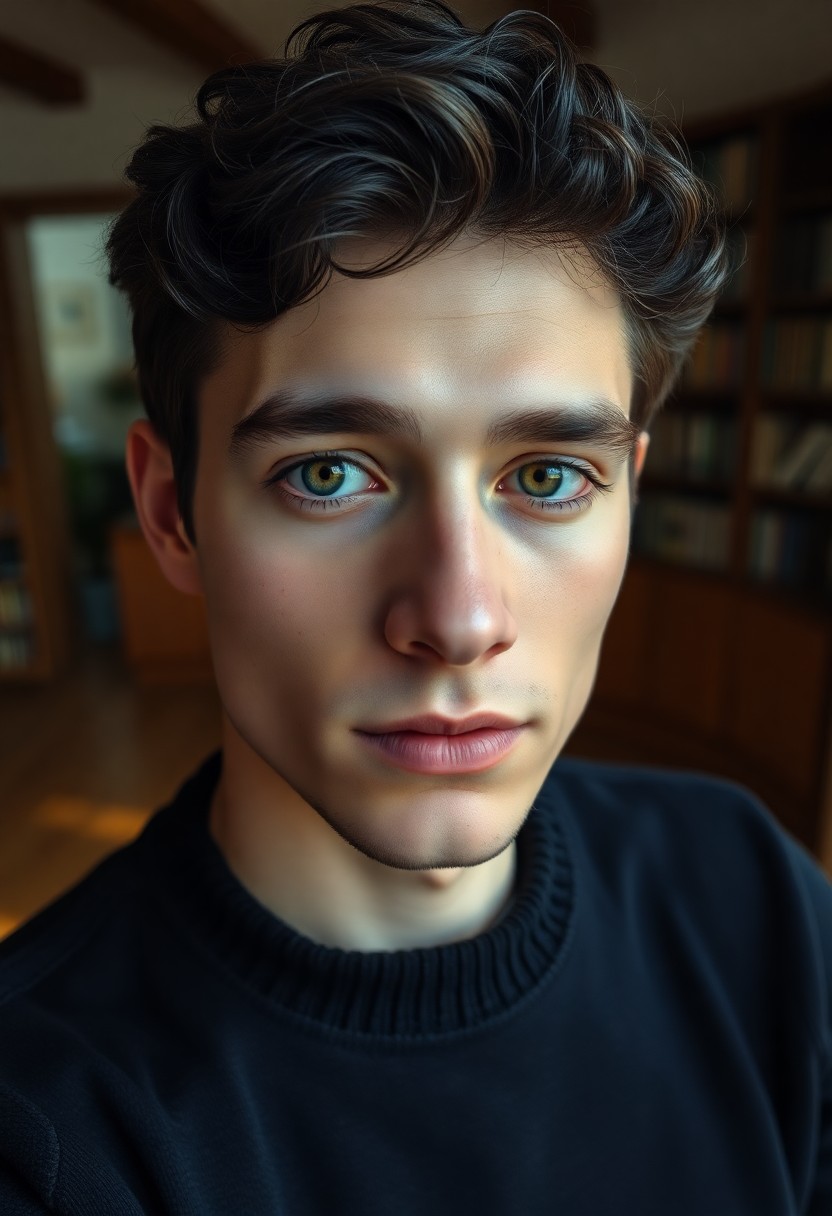 AI generated art for prompt: Create a hyperrealistic oil painting-style portrait of a young Western European man with distant, gr