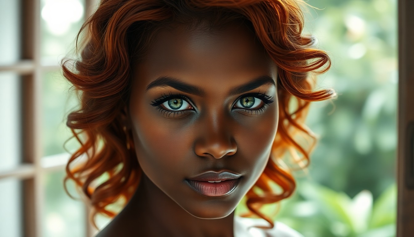 AI generated art for prompt: A hyperrealistic portrait captures the intense gaze of a young African woman with fiery red hair sty