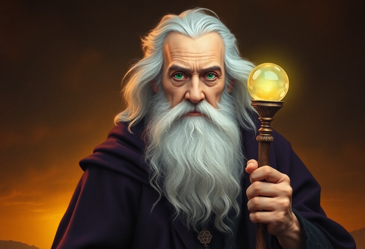 AI generated art for prompt: Create a portrait of an elderly wizard with a flowing white beard. Adorn him in a dark purple cloak 