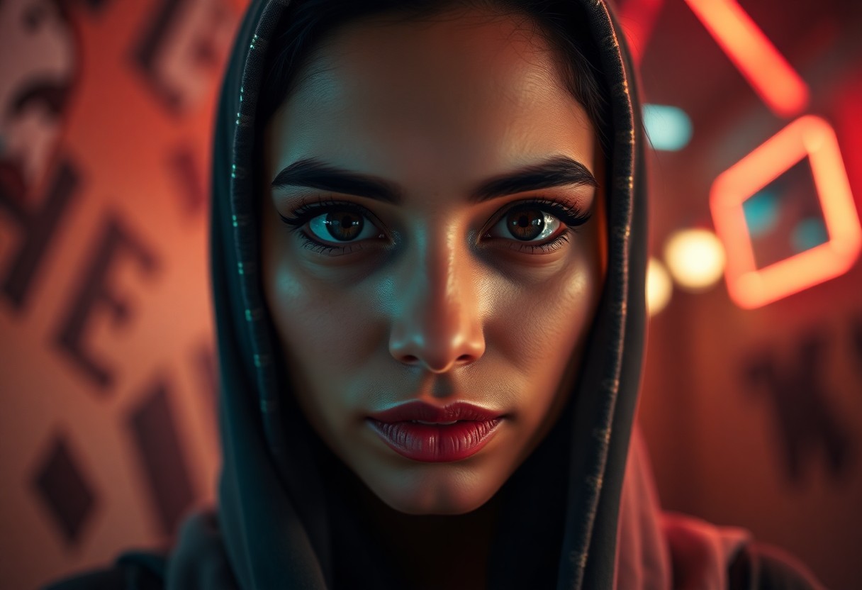 AI generated art for prompt: Create a hyper-realistic portrait photograph of a Middle Eastern woman, captured from a unique low-a