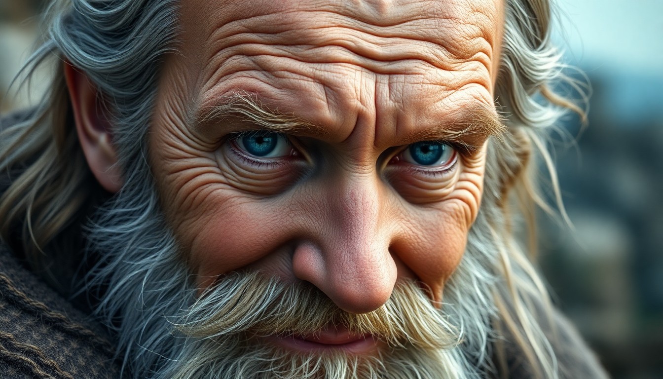 AI generated art for prompt: Imagine an evocative portrait of a rustic, wise-looking elderly Celtic man with striking blue eyes a