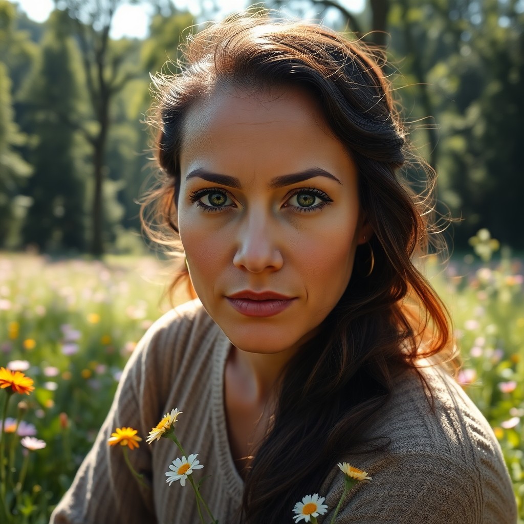 AI generated art for prompt: A portrait photograph captures the serene gaze of an Andean woman with deep brown eyes, framed by lo