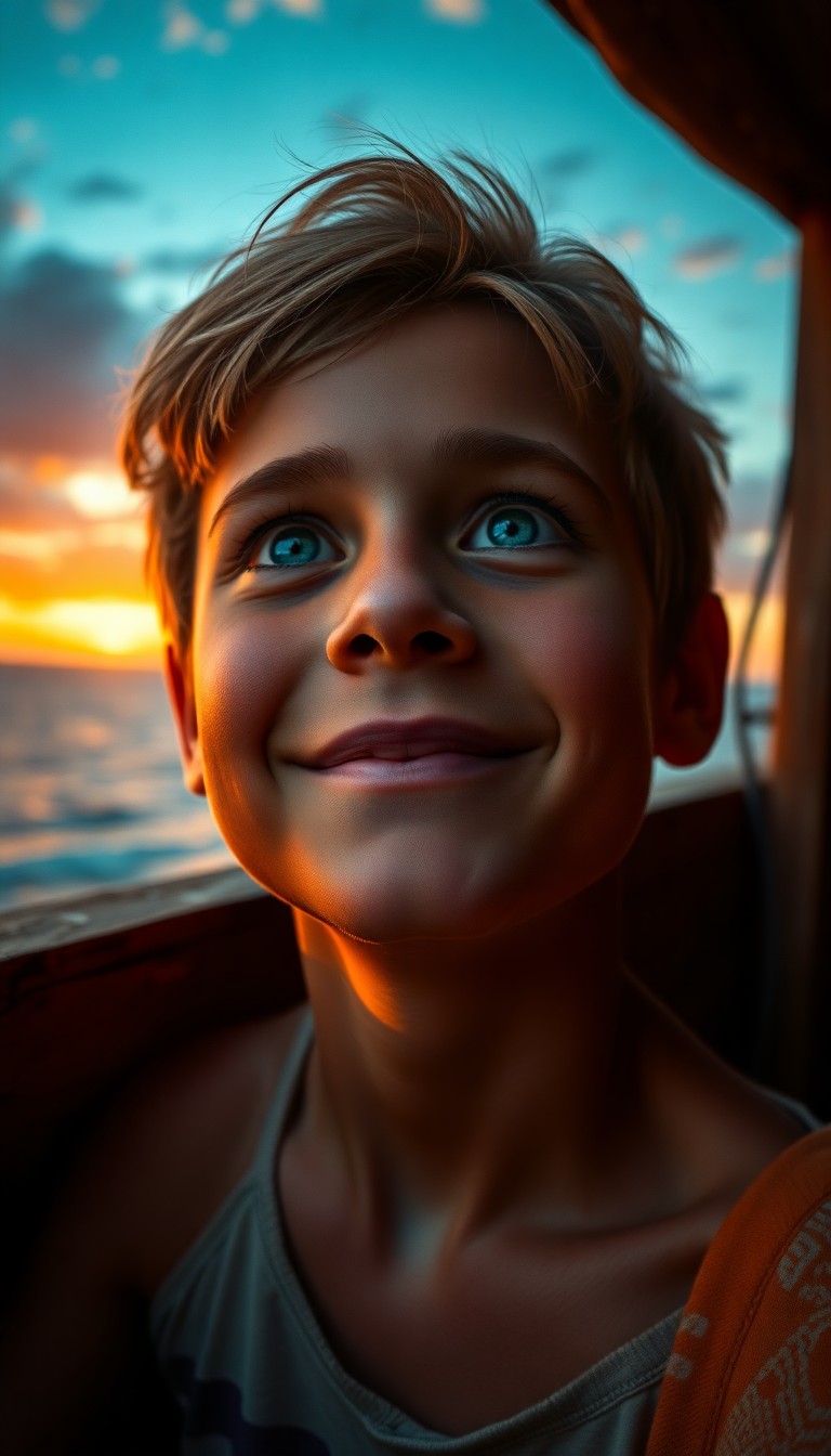 AI generated art for prompt: A portrait of a contented boy with sun-kissed skin and dreamy blue eyes, gazing into the horizon whe