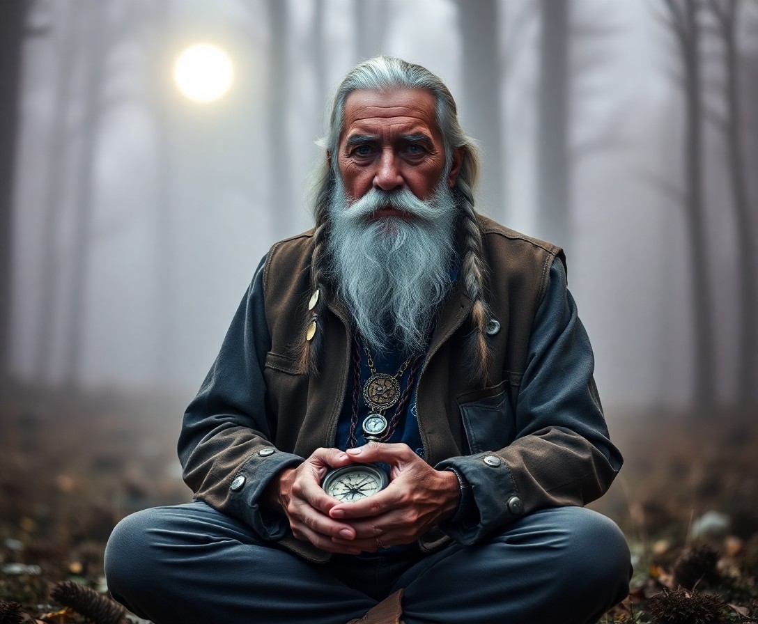 AI generated art for prompt: Create a portrait photograph of an enigmatic elderly Native American man with soft blue eyes and a f