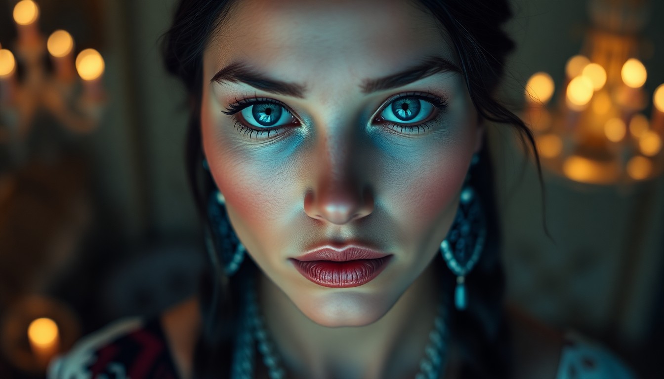 AI generated art for prompt: Imagine a hyperrealistic portrait, captured from above eye level, of a Native American woman with se