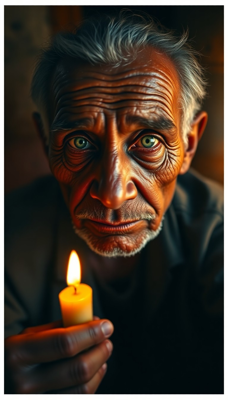 AI generated art for prompt: A hyperrealistic portrait captures an elderly Aboriginal man with timid green eyes and a weathered f