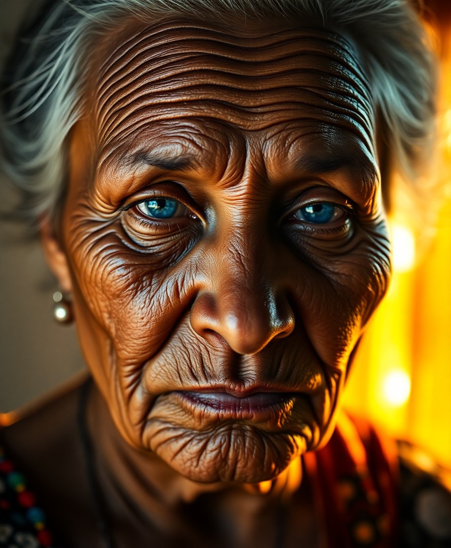 AI generated art for prompt: Imagine a highly realistic portrait of an aged Polynesian woman, her face mapped with deep wrinkles 