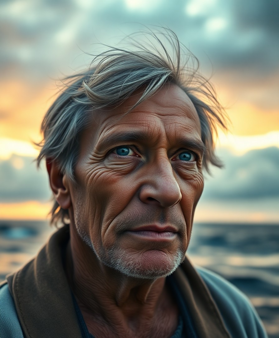 AI generated art for prompt: A portrait photograph captures a seasoned, distressed fisherman. He has deep ocean-blue eyes and tan