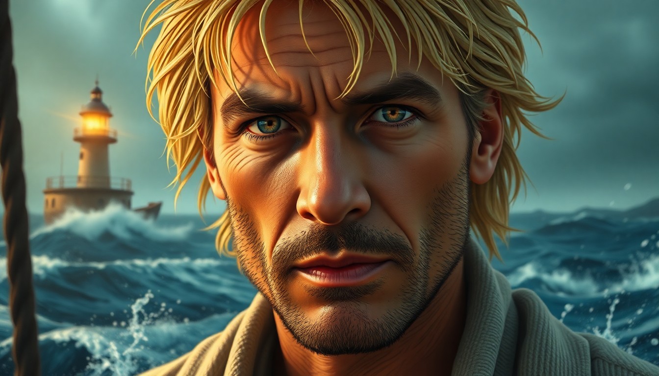 AI generated art for prompt: Illustrate a photorealistic portrait of a seasoned sailor with sun-bleached hair. His eyes, reflecti