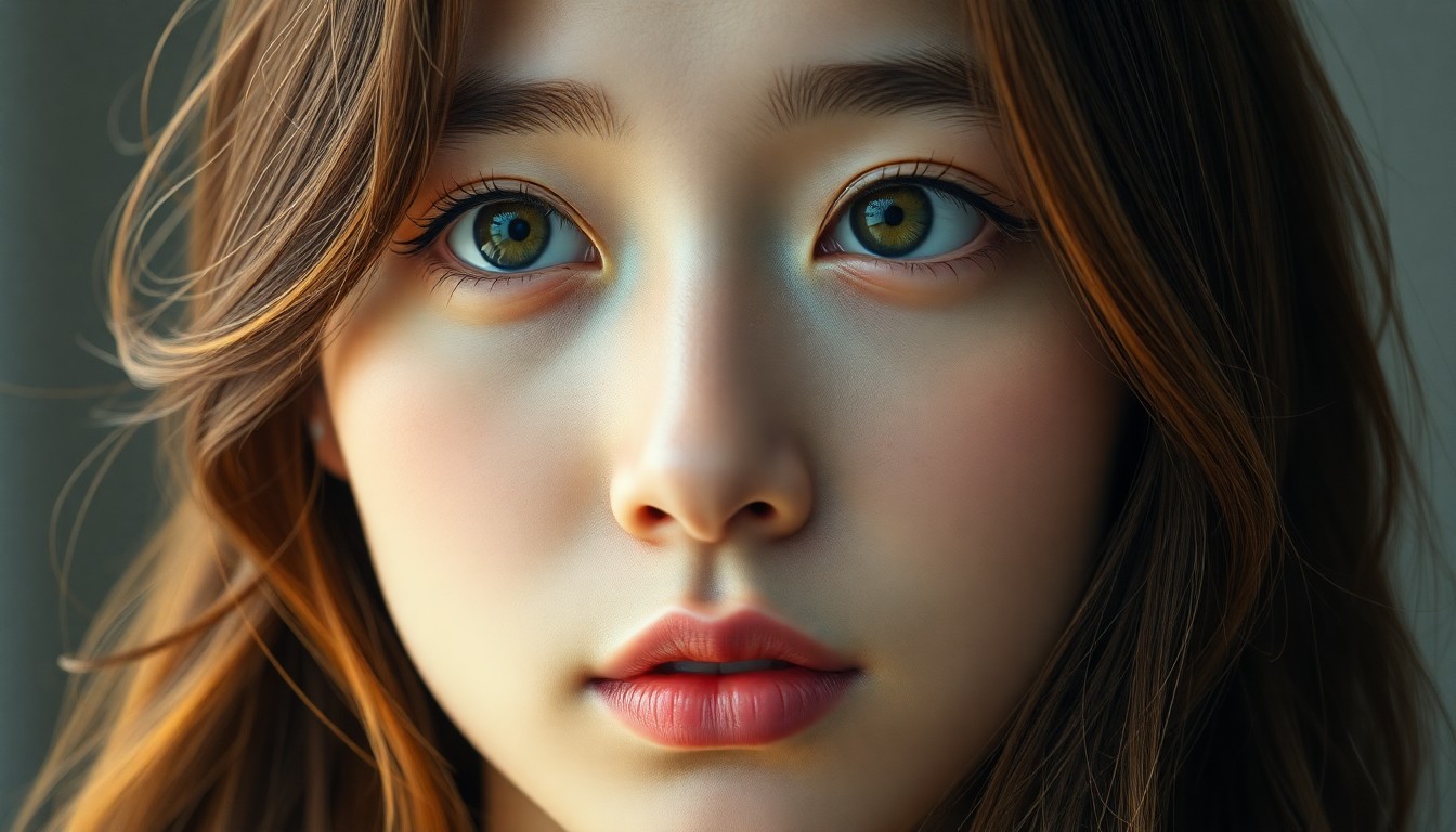 AI generated art for prompt: Create a portrait of a young East Asian woman with distant green eyes and long, wavy chestnut hair p