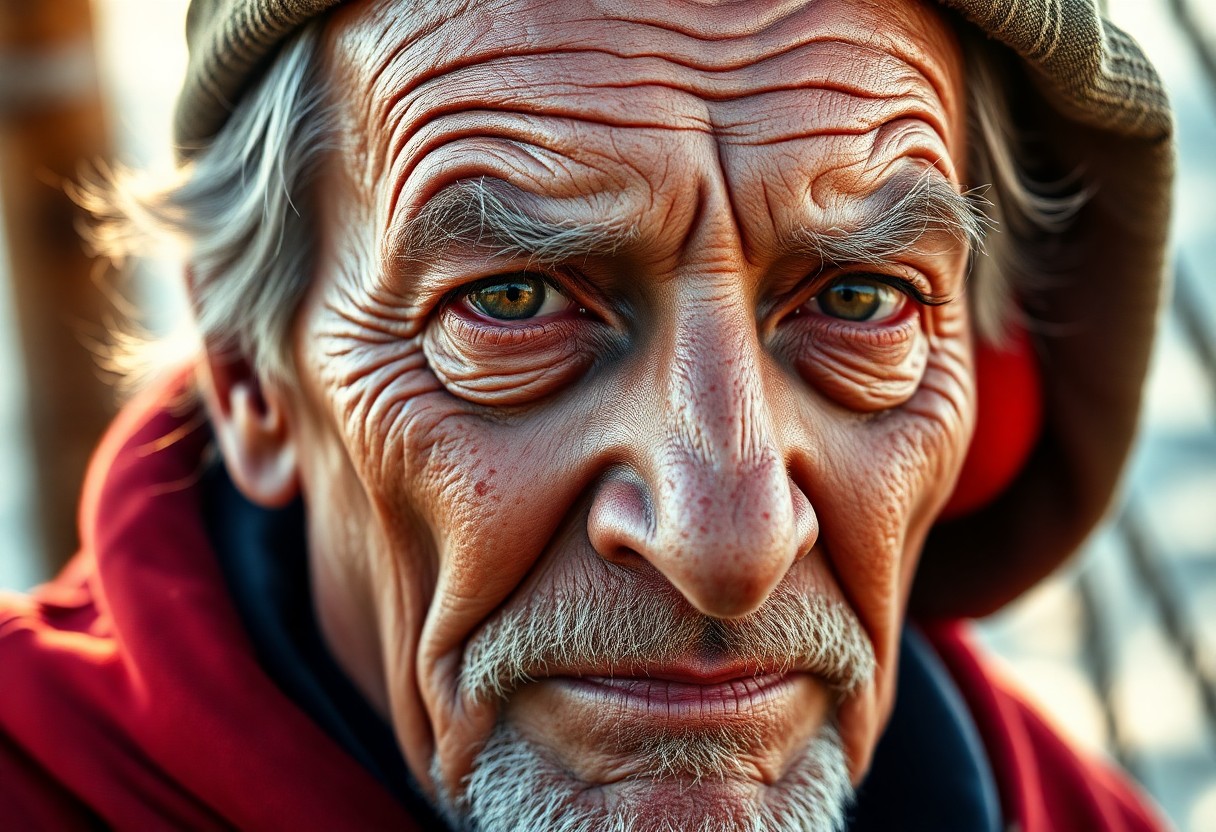 AI generated art for prompt: Imagine a hyper-realistic portrait of an aged sailor, his face etched with deep lines from decades o