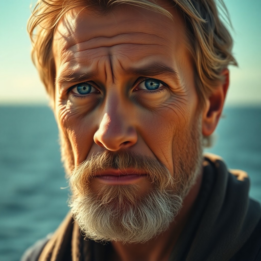 AI generated art for prompt: A hyperrealistic portrait of an old-fashioned boy with rugged features and compassionate blue eyes c