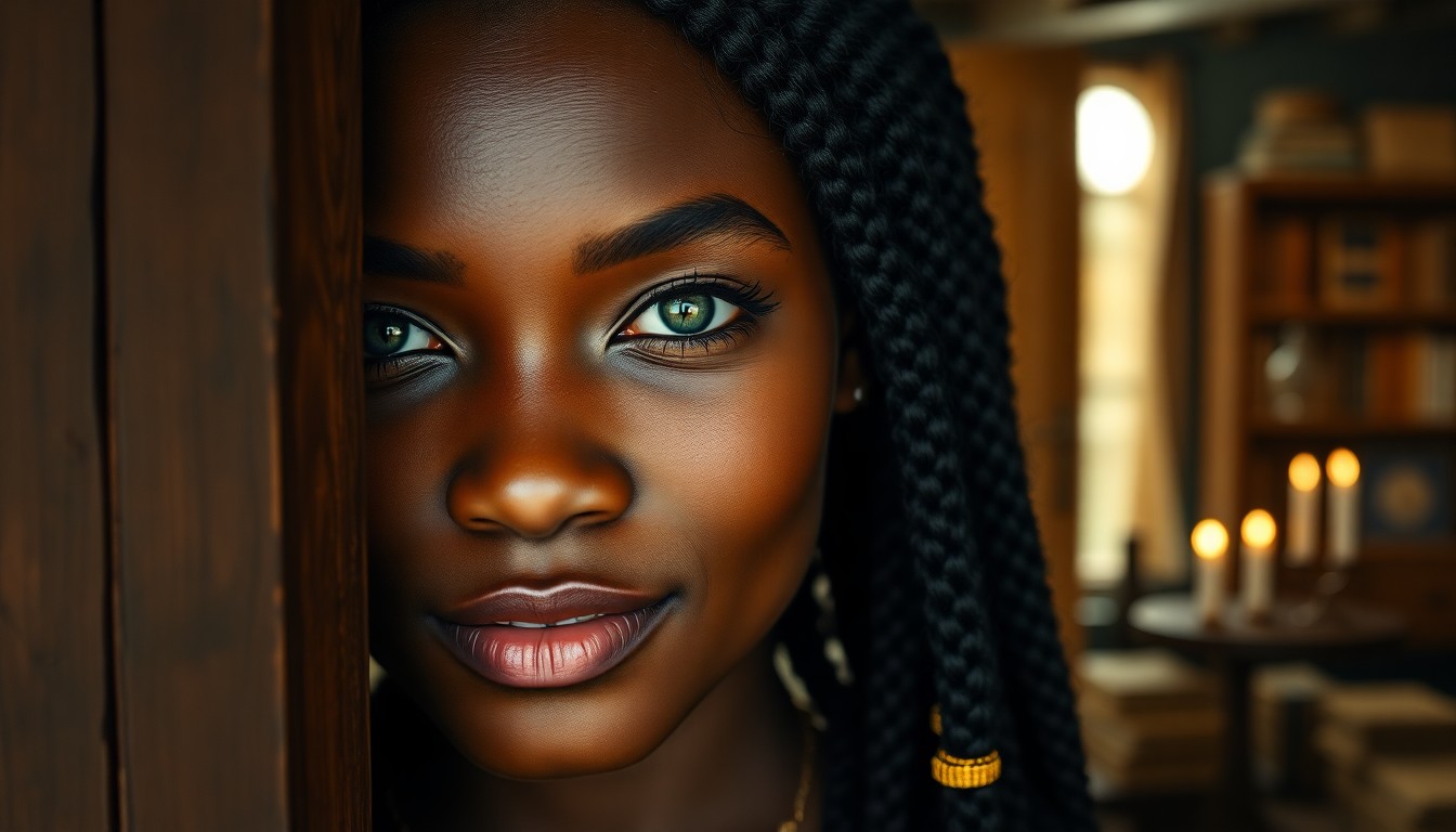 AI generated art for prompt: A mesmerizing close-up portrait captures a Melanesian woman with captivating emerald eyes that contr