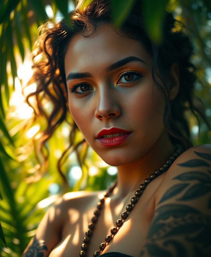 AI generated art for prompt: Envision a close-up portrait of a Polynesian woman, adorned with intricate henna tattoos on her arms