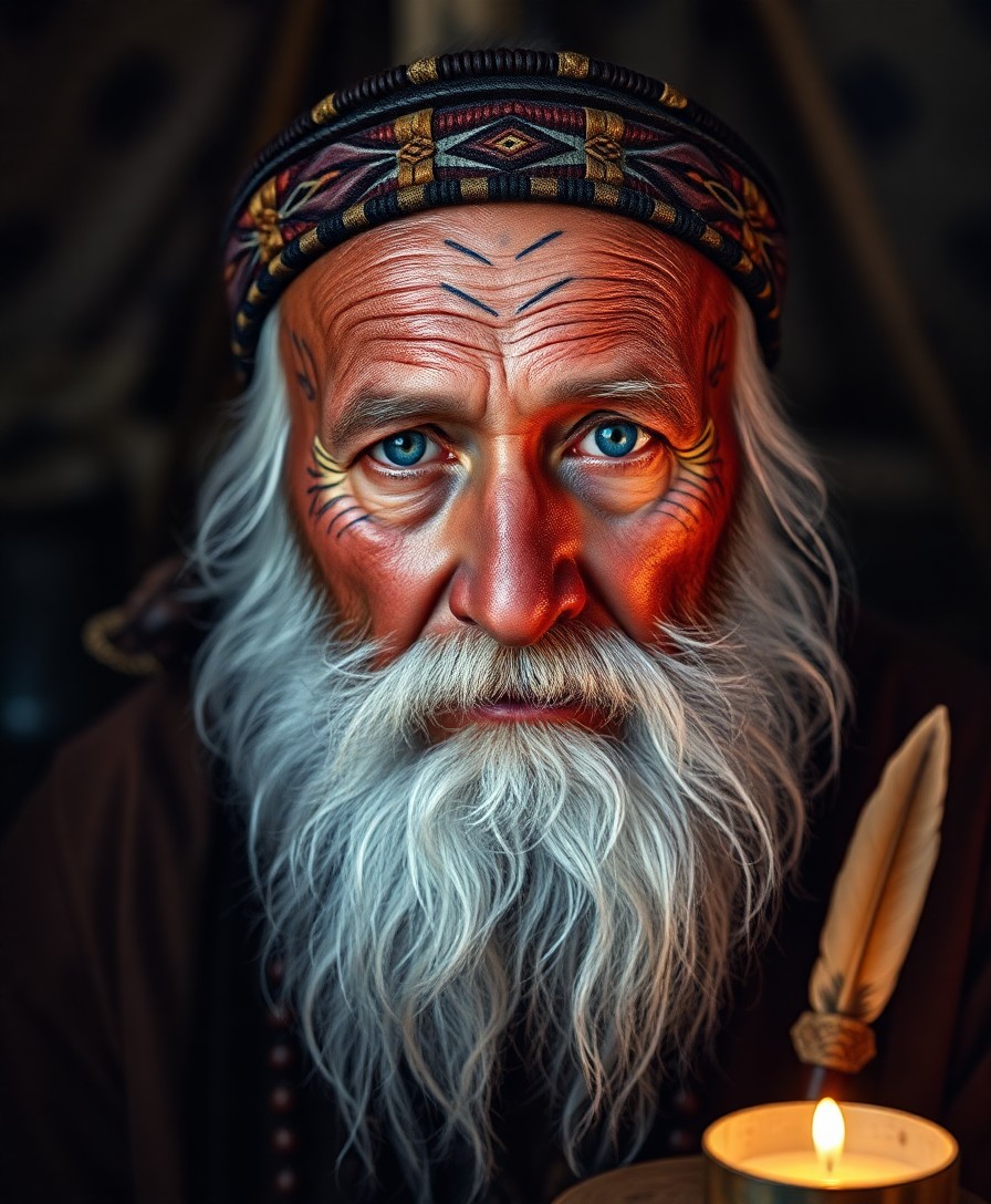 AI generated art for prompt: A portrait photograph captures the essence of an elderly Native American man with an intriguing blen