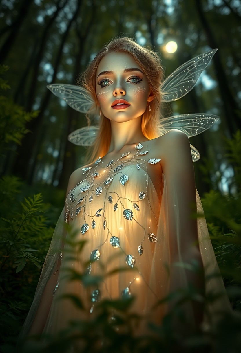 AI generated art for prompt: A hyperrealistic portrait of a celestial nymph with luminous skin captures her ethereal beauty. Her 