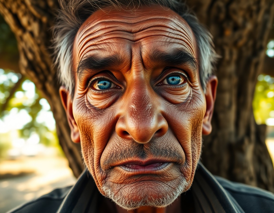 AI generated art for prompt: A striking close-up portrait of an old South Asian man with deep lines etched into his face captures