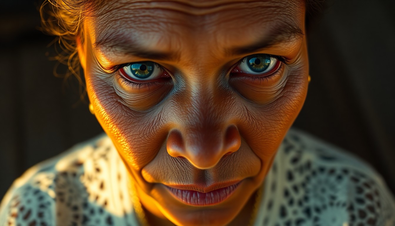 AI generated art for prompt: A hyperrealistic portrait captures the enigmatic gaze of a Melanesian woman with unfocused blue eyes