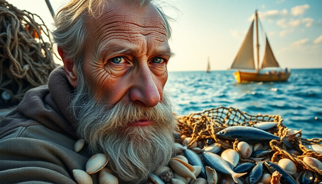 AI generated art for prompt: An intricate portrait of an elderly fisherman with a rugged face, stormy blue eyes, and a graying be