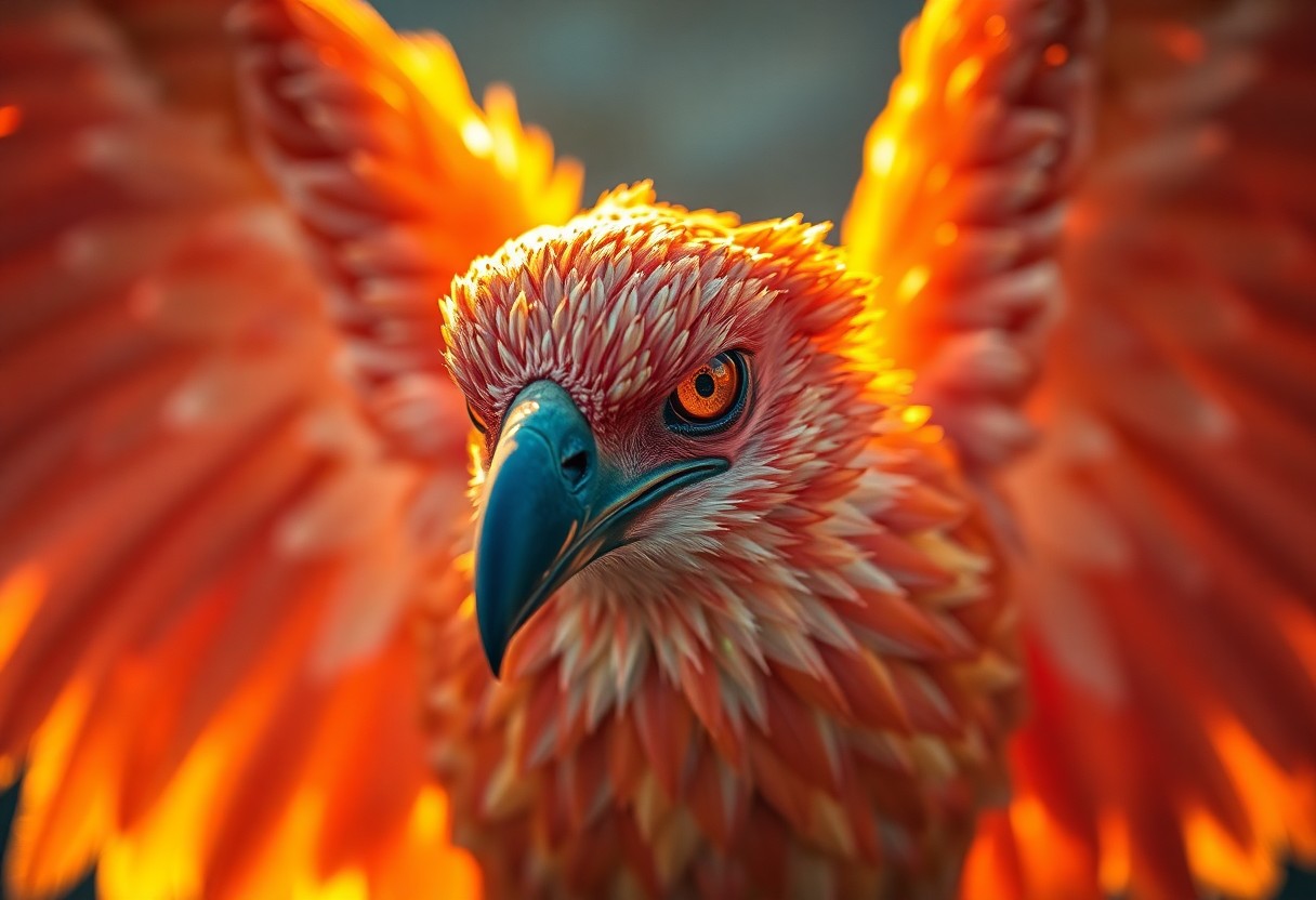 AI generated art for prompt: Visualize a portrait that captures the ethereal essence of a mythical phoenix as it emerges from its