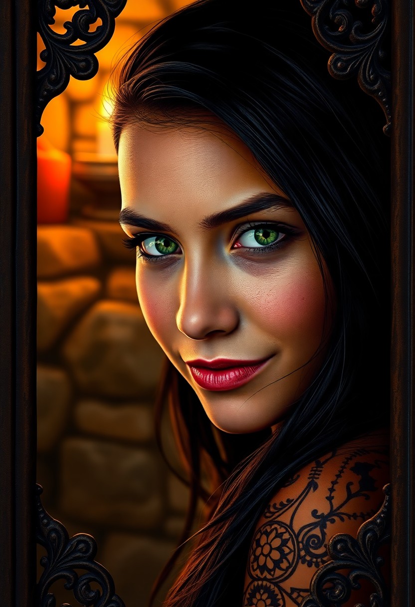 AI generated art for prompt: Envision a portrait photograph of a young Andean woman with striking green eyes and raven hair. Her 