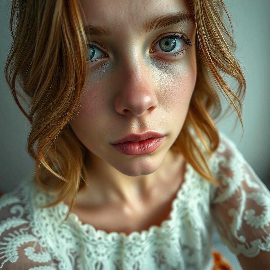 AI generated art for prompt: Imagine a captivating portrait photograph of a young Caucasian woman with timid, green eyes that con